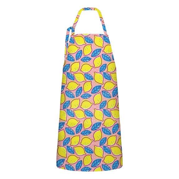 Yellow Lemon Fruit Leaves Pink Pattern Apron-Garden Aprons for Women with Pockets-Cotton Linen Waterproof Kitchen Cooking Gardening Aprons Adjustable for Kitchen,Cooking,BBQ and Salon 33x27 Inch