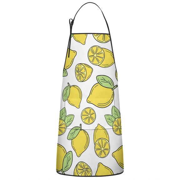 Yellow Lemon Fruit Leaves White Pattern Apron-Garden Aprons for Women with Pockets-Cotton Linen Waterproof Kitchen Cooking Gardening Aprons Adjustable for Kitchen,Cooking,BBQ and Salon 33x27 Inch