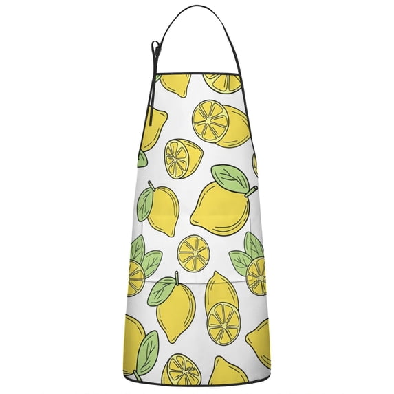 Yellow Lemon Fruit Leaves White Pattern Apron-Garden Aprons for Women with Pockets-Cotton Linen Waterproof Kitchen Cooking Gardening Aprons Adjustable for Kitchen,Cooking,BBQ and Salon 33x27 Inch