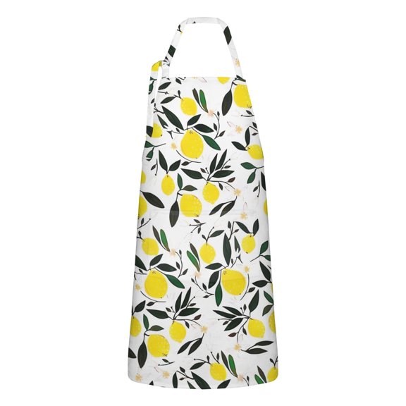 Yellow Lemon Fruit Leaves White Pattern Apron-Garden Aprons for Women with Pockets-Cotton Linen Waterproof Kitchen Cooking Gardening Aprons Adjustable for Kitchen,Cooking,BBQ and Salon 33x27 Inch