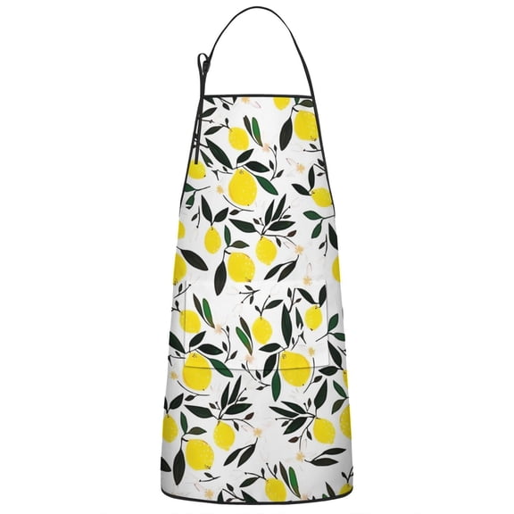 Yellow Lemon Fruit Leaves White Pattern Apron-Garden Aprons for Women with Pockets-Cotton Linen Waterproof Kitchen Cooking Gardening Aprons Adjustable for Kitchen,Cooking,BBQ and Salon 33x27 Inch
