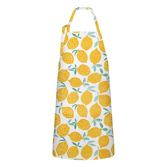 Yellow Lemon Fruit Leaves White Pattern Apron-Garden Aprons for Women with Pockets-Cotton Linen Waterproof Kitchen Cooking Gardening Aprons Adjustable for Kitchen,Cooking,BBQ and Salon 33x27 Inch