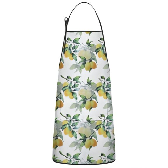 Yellow Lemon Fruit Leaves White Pattern Apron-Garden Aprons for Women with Pockets-Cotton Linen Waterproof Kitchen Cooking Gardening Aprons Adjustable for Kitchen,Cooking,BBQ and Salon 33x27 Inch