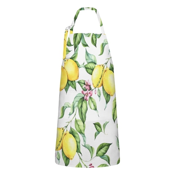 Yellow Lemon Fruit Leaves White Pattern Apron-Garden Aprons for Women with Pockets-Cotton Linen Waterproof Kitchen Cooking Gardening Aprons Adjustable for Kitchen,Cooking,BBQ and Salon 33x27 Inch