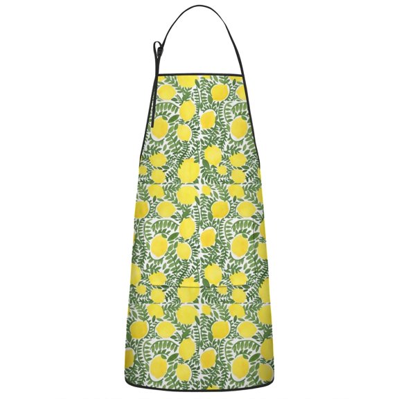 Yellow Lemon Fruit Leaves White Pattern Apron-Garden Aprons for Women with Pockets-Cotton Linen Waterproof Kitchen Cooking Gardening Aprons Adjustable for Kitchen,Cooking,BBQ and Salon 33x27 Inch