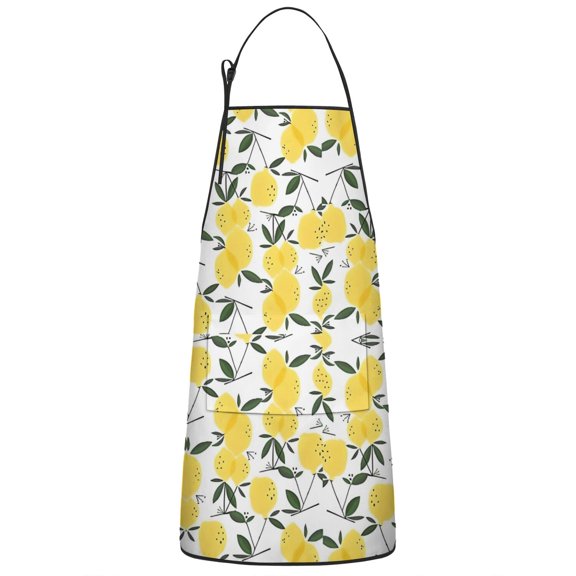Yellow Lemon Fruit Leaves White Pattern Apron-Garden Aprons for Women with Pockets-Cotton Linen Waterproof Kitchen Cooking Gardening Aprons Adjustable for Kitchen,Cooking,BBQ and Salon 33x27 Inch