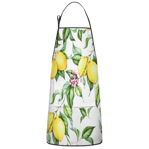 Yellow Lemon Fruit Leaves White Pattern Apron-Garden Aprons for Women with Pockets-Cotton Linen Waterproof Kitchen Cooking Gardening Aprons Adjustable for Kitchen,Cooking,BBQ and Salon 33x27 Inch