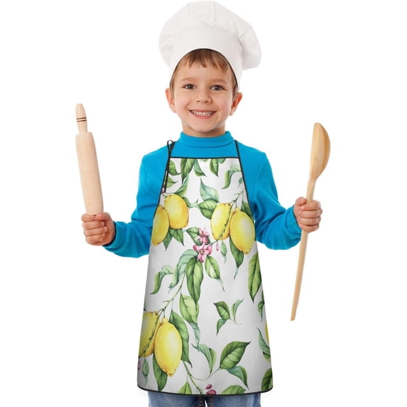 Yellow Lemon Fruit Leaves White Pattern Kids Aprons for Girls and Boys,Adjustable Neck Strap Toddler Aprons for Kids Cooking Baking