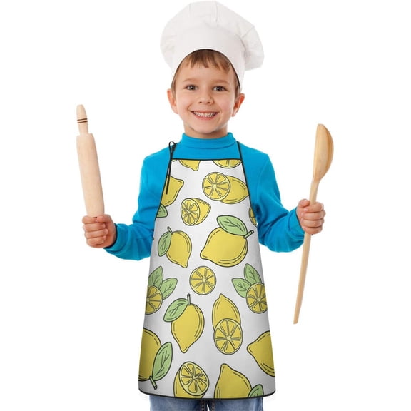 Yellow Lemon Fruit Leaves White Pattern Kids Aprons for Girls and Boys,Adjustable Neck Strap Toddler Aprons for Kids Cooking Baking