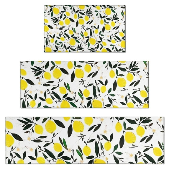 Yellow Lemon Fruit Leaves White Pattern Kitchen Rugs Sets Of 3,Kitchen Runner Rugs Non Skid Washable,Decorative Kitchen Floor Mats for Kitchen,Sink,Laundry,17"x30"+ 17"x47" + 17"x59"