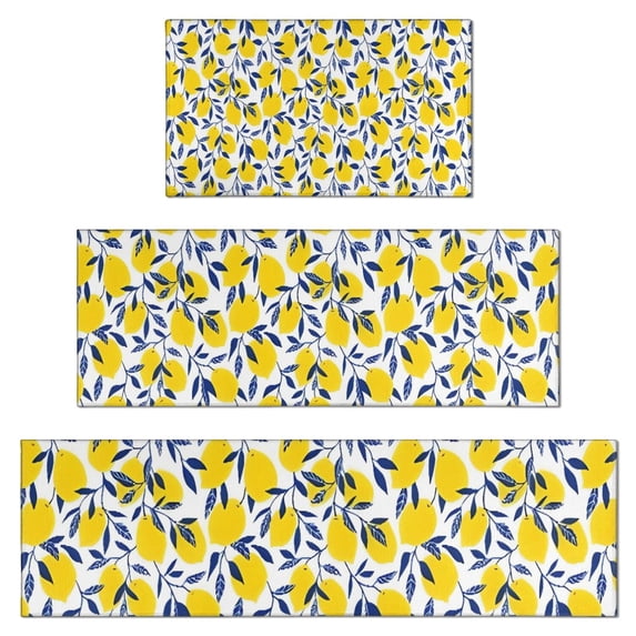 Yellow Lemon Fruit Leaves White Pattern Kitchen Rugs Sets Of 3,Kitchen Runner Rugs Non Skid Washable,Decorative Kitchen Floor Mats for Kitchen,Sink,Laundry,17"x30"+ 17"x47" + 17"x59"