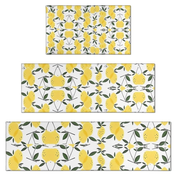 Yellow Lemon Fruit Leaves White Pattern Kitchen Rugs Sets Of 3,Kitchen Runner Rugs Non Skid Washable,Decorative Kitchen Floor Mats for Kitchen,Sink,Laundry,17"x30"+ 17"x47" + 17"x59"