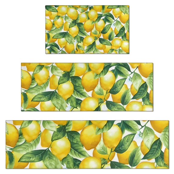 Yellow Lemon Fruit Leaves White Pattern Kitchen Rugs Sets Of 3,Kitchen Runner Rugs Non Skid Washable,Decorative Kitchen Floor Mats for Kitchen,Sink,Laundry,17"x30"+ 17"x47" + 17"x59"