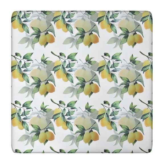 Yellow Lemon Fruit Leaves White Pattern Square Fitted Tablecloth with Elastic Edge,Square Table Cover,Washable Elastic Table Cover for Home Kitchen Party Decor 36"x36"