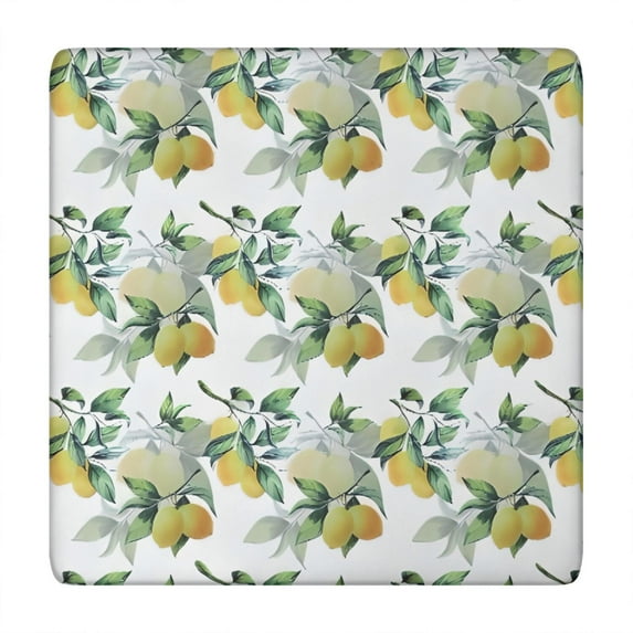 Yellow Lemon Fruit Leaves White Pattern Square Fitted Tablecloth with Elastic Edge,Square Table Cover,Washable Elastic Table Cover for Home Kitchen Party Decor 34"x34"