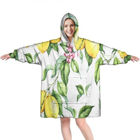 Yellow Lemon Fruit Leaves White Pattern Wearable Oversized Blanket,Wearable Blanket Hoodie for Adults,Cozy Hooded Blankets with Super Pockets,Super Warm Fuzzy Pullover for Women & Men