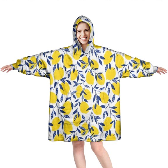 Yellow Lemon Fruit Leaves White Pattern Wearable Oversized Blanket,Wearable Blanket Hoodie for Adults,Cozy Hooded Blankets with Super Pockets,Super Warm Fuzzy Pullover for Women & Men
