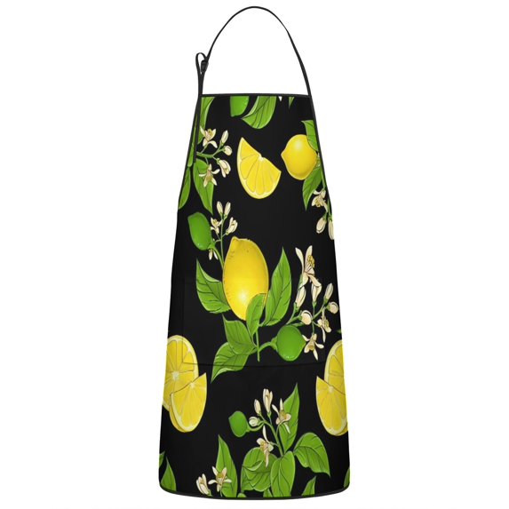 Yellow Lemon Fruit Limes Black Pattern Apron-Garden Aprons for Women with Pockets-Cotton Linen Waterproof Kitchen Cooking Gardening Aprons Adjustable for Kitchen,Cooking,BBQ and Salon 33x27 Inch