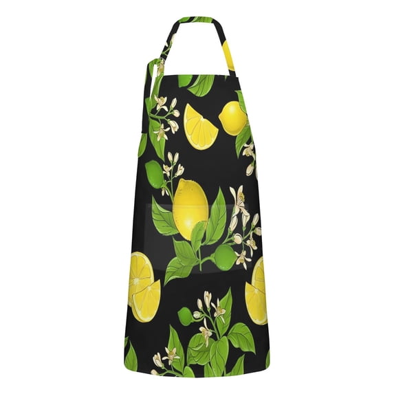 Yellow Lemon Fruit Limes Black Pattern Apron-Garden Aprons for Women with Pockets-Cotton Linen Waterproof Kitchen Cooking Gardening Aprons Adjustable for Kitchen,Cooking,BBQ and Salon 33x27 Inch