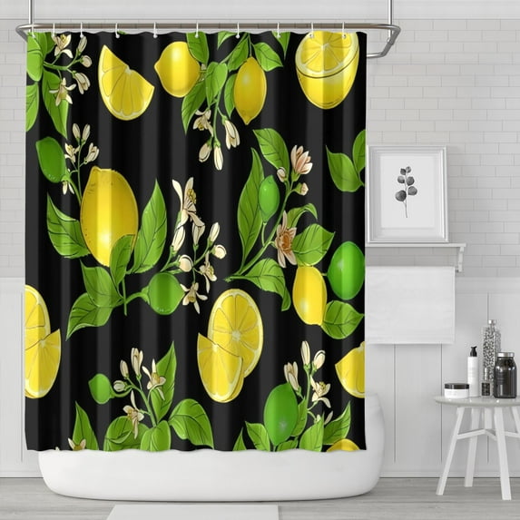 Yellow Lemon Fruit Limes Black Pattern Shower Curtain 84"x72" ,Bathroom Decorative Shower Curtains Set with 12 Hooks,Modern Waterproof Washable Shower Curtain