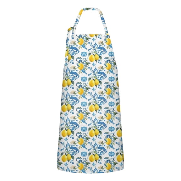 Yellow Lemon Fruit Patterns Blue White Apron-Garden Aprons for Women with Pockets-Cotton Linen Waterproof Kitchen Cooking Gardening Aprons Adjustable for Kitchen,Cooking,BBQ and Salon 33x27 Inch