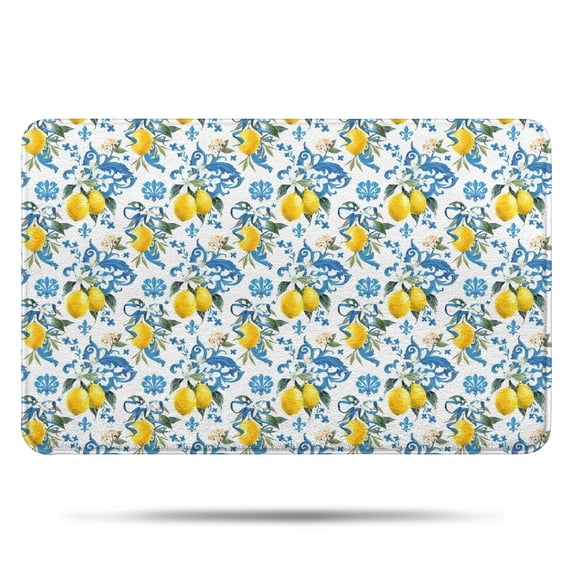 Yellow Lemon Fruit Patterns Blue White Pattern Bathroom Rugs Mat,Non Slip Microfiber Bathroom Rug,Rubber Backing,Soft Bathroom Mats for Bathroom Floor,Tub and Shower,17x27in(43x68cm)