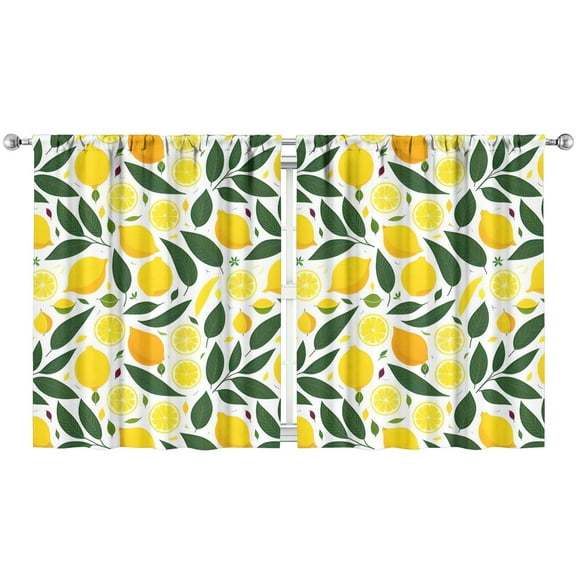 Yellow Lemon Fruit Print Kitchen Curtains - 2 Piece Set, Bright Summer Retro Style, Rod Pocket Panels