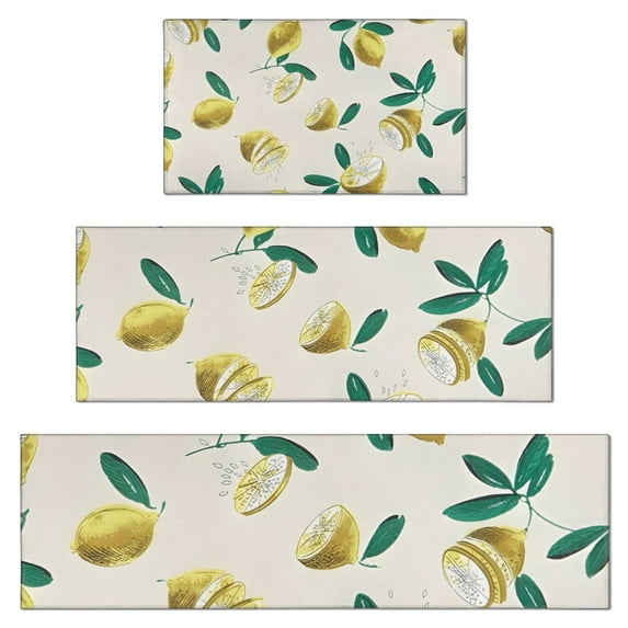 Yellow Lemon Fruit Slices Beige Pattern Kitchen Rugs Sets Of 3,Kitchen Runner Rugs Non Skid Washable,Decorative Kitchen Floor Mats for Kitchen,Sink,Laundry,17"x30"+ 17"x47" + 17"x59"