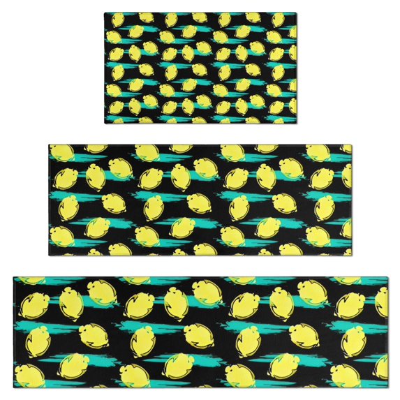 Yellow Lemon Fruit Slices Black Pattern Kitchen Rugs Sets Of 3,Kitchen Runner Rugs Non Skid Washable,Decorative Kitchen Floor Mats for Kitchen,Sink,Laundry,17"x30"+ 17"x47" + 17"x59"
