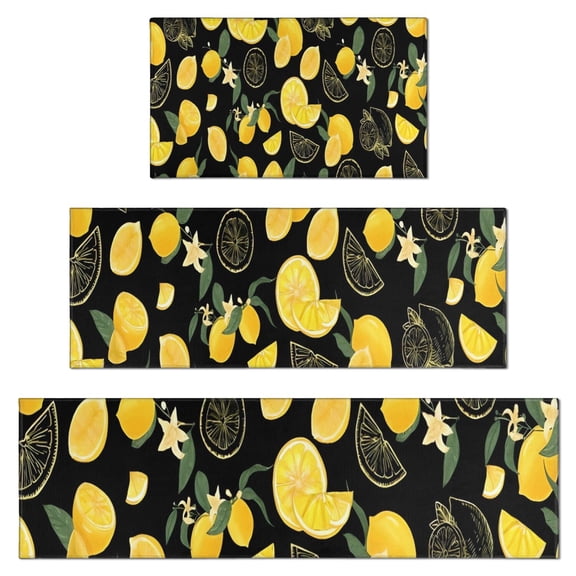 Yellow Lemon Fruit Slices Black Pattern Kitchen Rugs Sets Of 3,Kitchen Runner Rugs Non Skid Washable,Decorative Kitchen Floor Mats for Kitchen,Sink,Laundry,17"x30"+ 17"x47" + 17"x59"