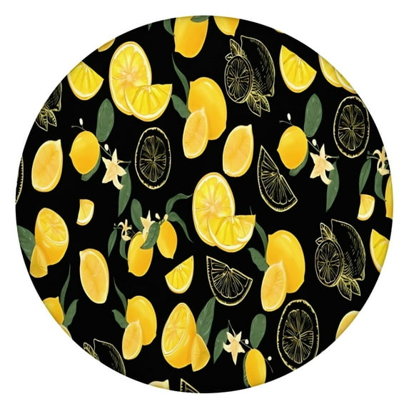 Yellow Lemon Fruit Slices Black Pattern Round Fitted Tablecloth with Elastic Edge,Dining Table Cover Waterproof,Outdoor Round Tablecloth for Camping,Dining,Indoor and Outdoor