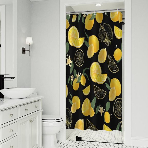 Yellow Lemon Fruit Slices Black Pattern Shower Curtain 36"x72" ,Bathroom Decorative Shower Curtains Set with 12 Hooks,Modern Waterproof Washable Shower Curtain