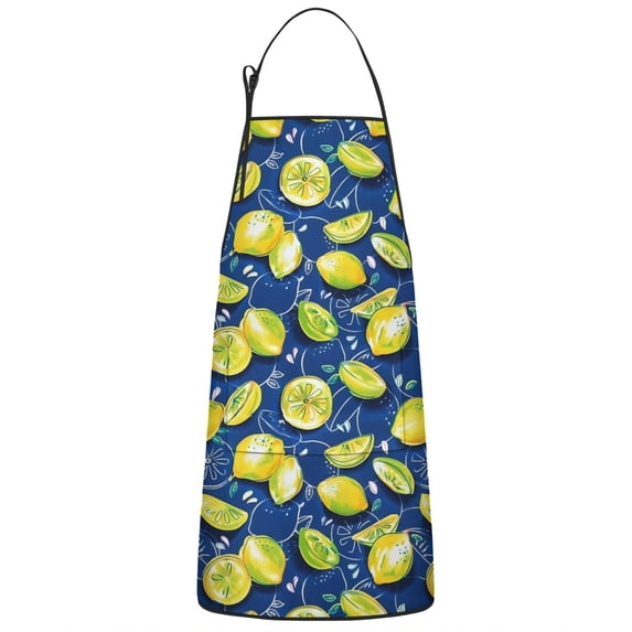 Yellow Lemon Fruit Slices Blue Pattern Apron-Garden Aprons for Women with Pockets-Cotton Linen Waterproof Kitchen Cooking Gardening Aprons Adjustable for Kitchen,Cooking,BBQ and Salon 33x27 Inch