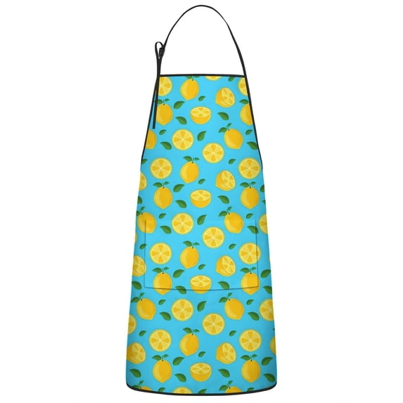 Yellow Lemon Fruit Slices Blue Pattern Apron-Garden Aprons for Women with Pockets-Cotton Linen Waterproof Kitchen Cooking Gardening Aprons Adjustable for Kitchen,Cooking,BBQ and Salon 33x27 Inch
