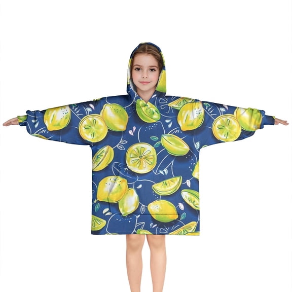 Yellow Lemon Fruit Slices Blue Pattern Blanket Hoodies for Kids 6-13YR Oversize Wearable Blanket Hoodies for Boys Girls Teens