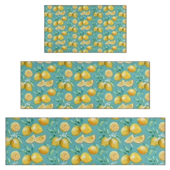 Yellow Lemon Fruit Slices Blue Pattern Kitchen Rugs Sets Of 3,Kitchen Runner Rugs Non Skid Washable,Decorative Kitchen Floor Mats for Kitchen,Sink,Laundry,17"x30"+ 17"x47" + 17"x59"