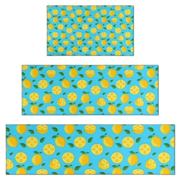Yellow Lemon Fruit Slices Blue Pattern Kitchen Rugs Sets Of 3,Kitchen Runner Rugs Non Skid Washable,Decorative Kitchen Floor Mats for Kitchen,Sink,Laundry,17"x30"+ 17"x47" + 17"x59"