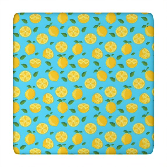 Yellow Lemon Fruit Slices Blue Pattern Square Fitted Tablecloth with Elastic Edge,Square Table Cover,Washable Elastic Table Cover for Home Kitchen Party Decor 34"x34"