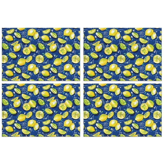 Yellow Lemon Fruit Slices Blue Pattern Summer Placemats Table Placemats Set Of 4-Linen Kitchen Washable Placemats Table Mats 11.8"x17.7" Non-Slip Heat Resistant