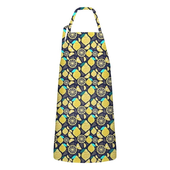 Yellow Lemon Fruit Slices DarkBlue Pattern Apron-Garden Aprons for Women with Pockets-Cotton Linen Waterproof Kitchen Cooking Gardening Aprons Adjustable for Kitchen,Cooking,BBQ and Salon 33x27 Inch