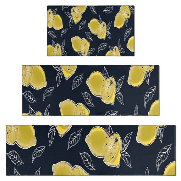 Yellow Lemon Fruit Slices DarkBlue Pattern Kitchen Rugs Sets Of 3,Kitchen Runner Rugs Non Skid Washable,Decorative Kitchen Floor Mats for Kitchen,Sink,Laundry,17"x30"+ 17"x47" + 17"x59"