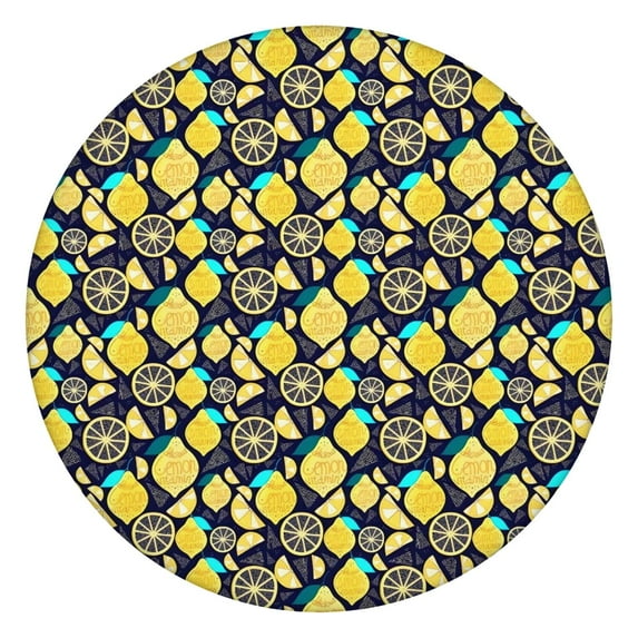 Yellow Lemon Fruit Slices DarkBlue Pattern Round Fitted Tablecloth with Elastic Edge,Dining Table Cover Waterproof,Outdoor Round Tablecloth for Camping,Dining,Indoor and Outdoor