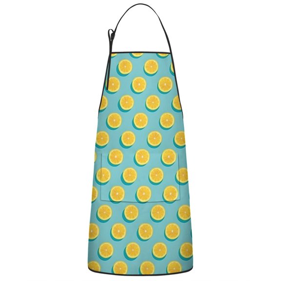 Yellow Lemon Fruit Slices LightBlue Pattern Apron-Garden Aprons for Women with Pockets-Cotton Linen Waterproof Kitchen Cooking Gardening Aprons Adjustable for Kitchen,Cooking,BBQ and Salon 33x27 Inch