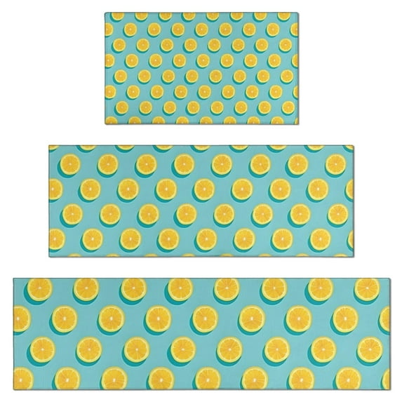 Yellow Lemon Fruit Slices LightBlue Pattern Kitchen Rugs Sets Of 3,Kitchen Runner Rugs Non Skid Washable,Decorative Kitchen Floor Mats for Kitchen,Sink,Laundry,17"x30"+ 17"x47" + 17"x59"