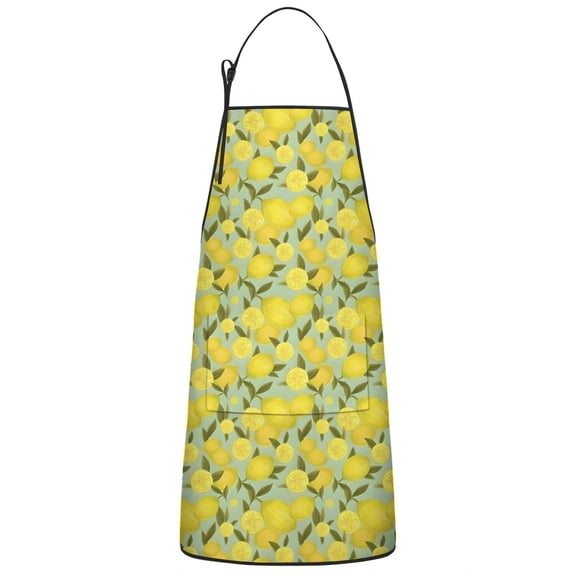 Yellow Lemon Fruit Slices LightGreen Apron-Garden Aprons for Women with Pockets-Cotton Linen Waterproof Kitchen Cooking Gardening Aprons Adjustable for Kitchen,Cooking,BBQ and Salon 33x27 Inch