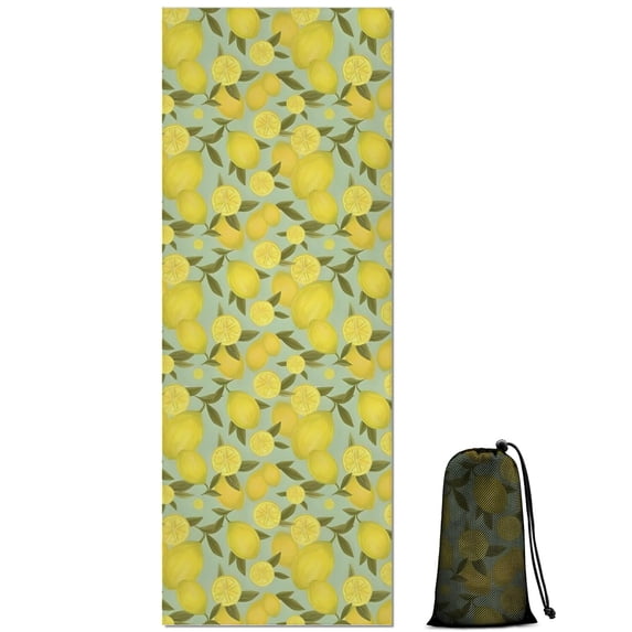 Yellow Lemon Fruit Slices LightGreen Pattern Hot Yoga Mat Towel Non Slip for Hot Yoga - Quick-Drying Yoga Mat Cover with 4 Corner Pockets with Travel Bag - Hot Yoga Towel Non Slip 70"x26"