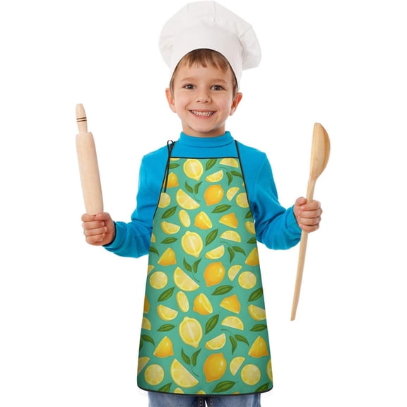 Yellow Lemon Fruit Slices LightGreen Pattern Kids Aprons for Girls and Boys,Adjustable Neck Strap Toddler Aprons for Kids Cooking Baking