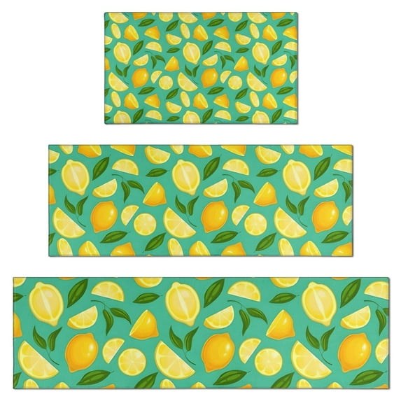Yellow Lemon Fruit Slices LightGreen Pattern Kitchen Rugs Sets Of 3,Kitchen Runner Rugs Non Skid Washable,Decorative Kitchen Floor Mats for Kitchen,Sink,Laundry,17"x30"+ 17"x47" + 17"x59"