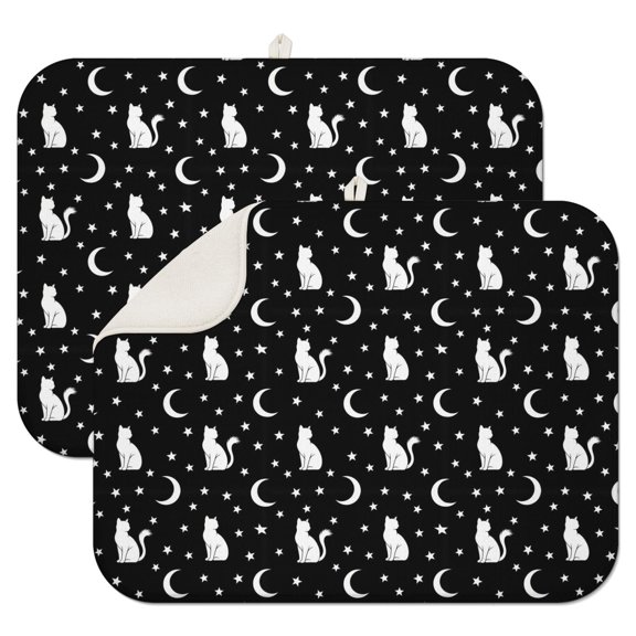 Black White Cat Moon Star Pattern Dish Drying Mat for Kitchen 1 Pack, Ultra Absorbent Microfiber Dishes Drainer Mats,18"x24"
