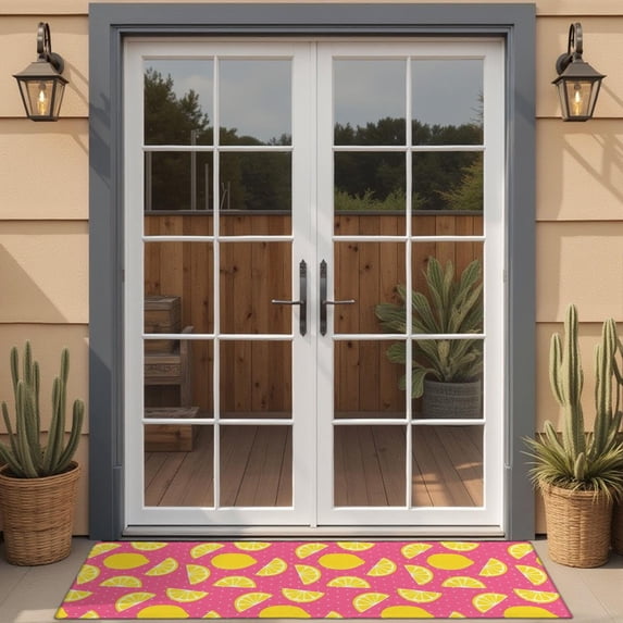 Yellow Lemon Fruit Slices Pink Pattern Door Rugs,Washable Non Slip Door Mats Indoor,Decorative Door Mats,Entry Mat Indoor for Entrance,Bedroom,Kitchen,Bathroom,16"x47"